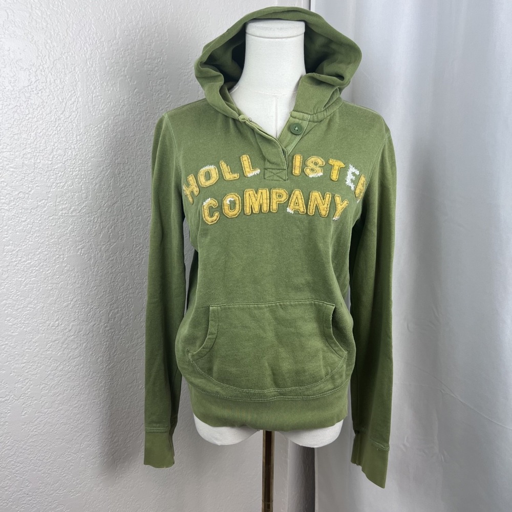 Vintage Y2K Hollister Hoodie Womens Large Green Logo‎ Lounge Grunge Preppy Cozy